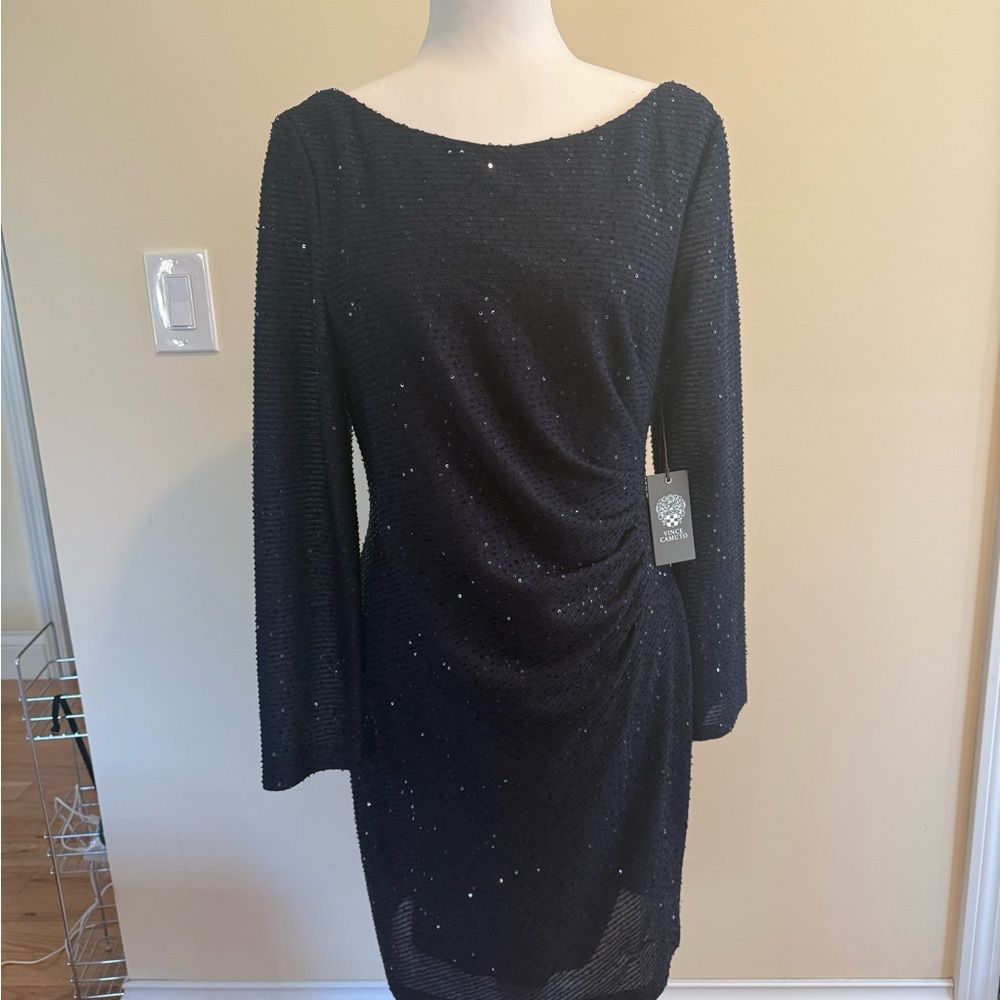NWT size 16 navy blue Vince Camuto sequin long sleeve sheath dress.